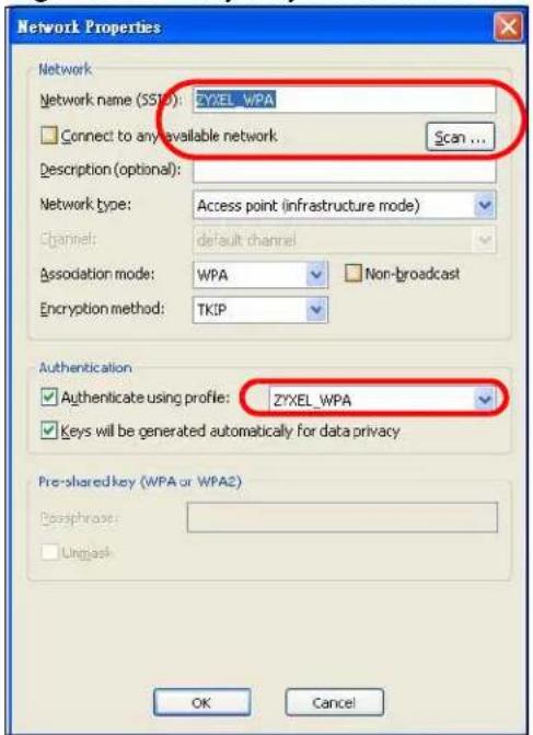 Network Properties Network Network name (SSID): ZYXEL_WPA Connect to any available network Scan ... Description (optional): Network type: Access point (infrastructure mode) Channel: default channel Association mode: WPA Non-broadcast Encryption method: TKIP Authentication Authenticate using profile: ZYXEL_WPA Keys will be generated automatically for data privacy Pre-shared key (WPA or WPA2) Basephrase: Uniglass OK Cancel
