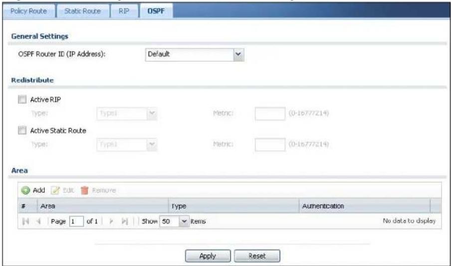Policy Route Static Route RIP OSPF General Settings OSPF Router ID (IP Address): Default Redistribute Active RIP Type: Type1 Metric: (0-16777214) Active Static Route Type: Type1 Metric: (0-16777214) Area Add Edit Remove Area Type Authentication Page 1 of 1 Show 50 Items No data to display Apply Reset