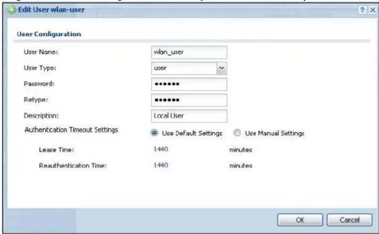Edit User wlan-user User Configuration User Name: wlan_user User Type: user Password: ••••••• Relype: ••••••• Description: Local User Authentication Timeout Settings Use Default Settings Use Manual Settings Lease Time: 1440 minutes Reauthentication Time: 1440 minutes OK Cancel