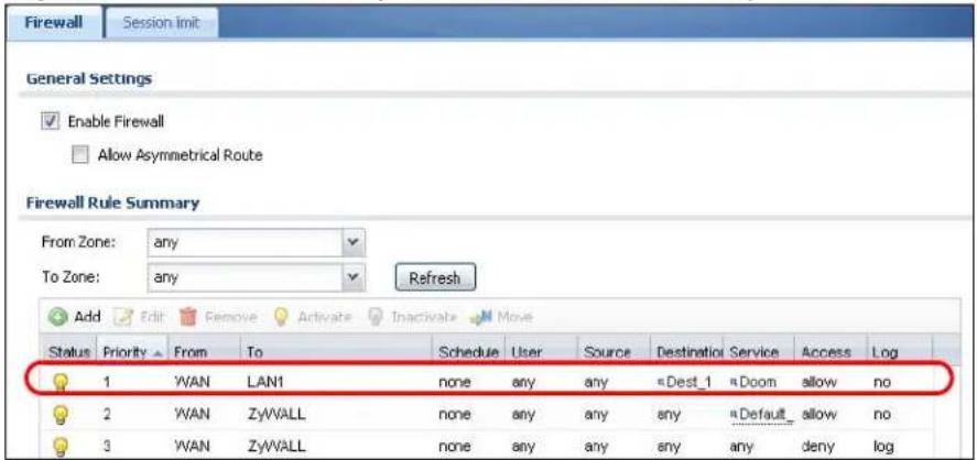 Firewall Session Imit General Settings Enable Firewall Allow Asymmetrical Route Firewall Rule Summary From Zone: any To Zone: any Refresh Add Edit Remove Activate Inactivate Move Status Priority From To Schedule User Source Destination Service Access Log 1 WAN LAN1 none any any «Dest_1 «Doom allow no 2 WAN ZyWALL none any any any «Default allow no 3 WAN ZyWALL none any any any any any deny log