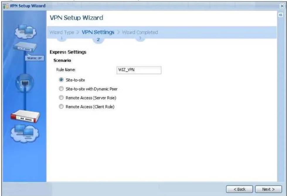 VPN Setup Wizard Wizard Setup Wizard Wizard Type > VPN Settings > Wizard Completed 1 2 3 Express Settings Scenario Rule Name: WIZ_VPN Site-to-site Site-to-site with Dynamic Peer Remote Access (Server Role) Remote Access (Client Role) < Back Next >