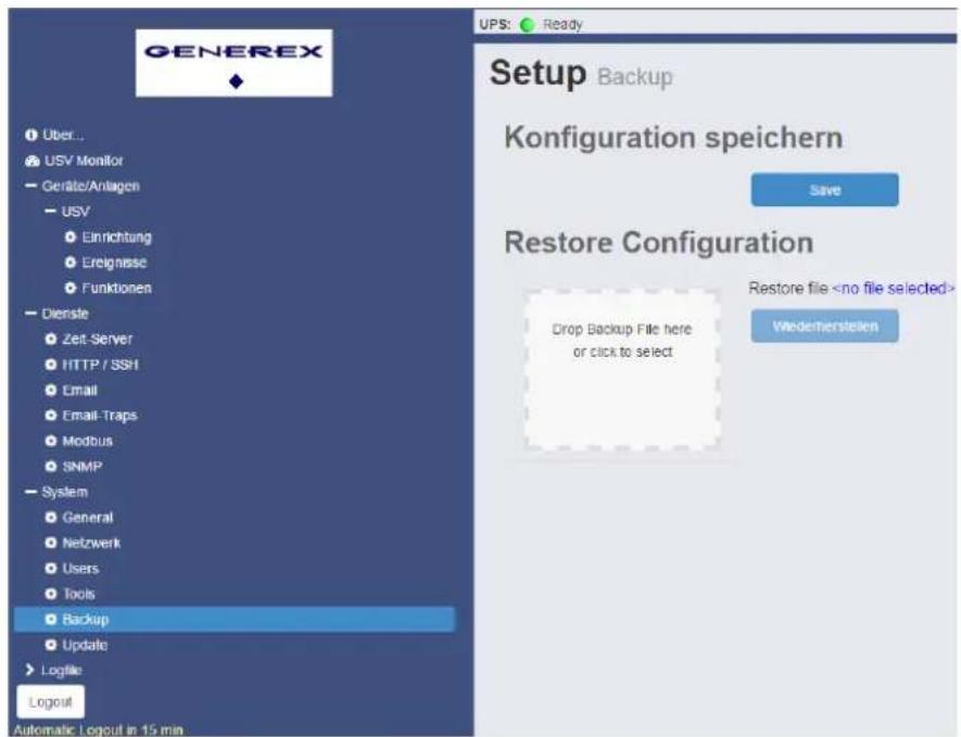 GENEREX Über... USV Monitor - Geräte/Anlagen - USV Einrichtung Ereignisse - Funktionen - Dienste Zeit-Server HTTP / SSH Email Email-Traps Modbus SNMP - System General Netzwerk Users Tools Backup Update > Logfile Logout Automatic Logout in 15 min UPS: Ready Setup Backup Konfiguration speichern Save R…