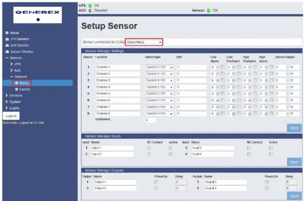GENEREX Über UPS-Monitor AUX-Monitor Sensor-Monitor Geräte USV AUX Saisons Setup Ereignisse Dienste System Logistik Abmelden Automatische Abmeldung in 15 Min. USV: OK AUX: Deaktiviert Sensor: OK Sensor-Setup Sensor an COM2 SensorMan2 angeschlossen Sensor-Manager-Einstellungen Sensor-Standort Sensort…