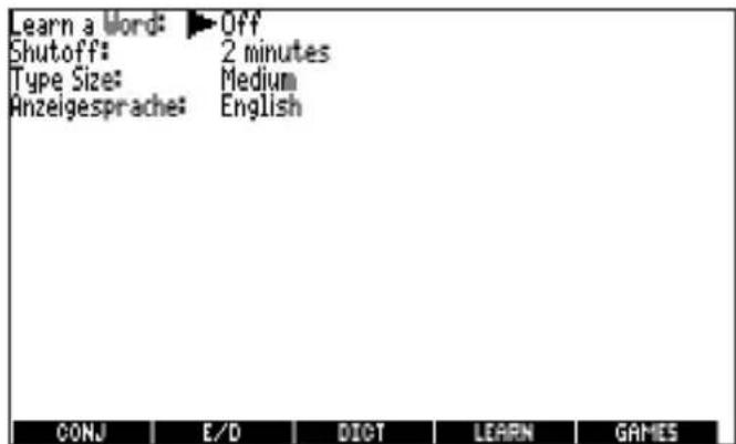 Learn a Word: Off Shutoff: 2 minutes Type Size: Medium Anzeigesprache: English CONJ E/D DICT LEARN GAMES