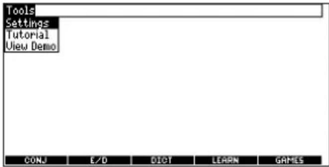 Tools Settings Tutorial View Demo CONJ E/D DICT LEARN GAMES