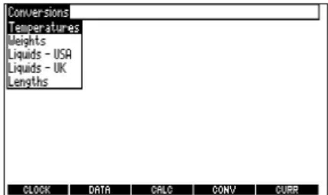 Conversions Temperatures Weights Liquids - USA Liquids - UK Lengths CLOCK DATA CALC(CONV CURR