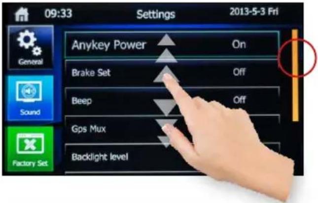 09:33 Settings 2013-5-3 Fri Anykey Power On Brake Set Off Beep Off Gps Mux Backlight level
