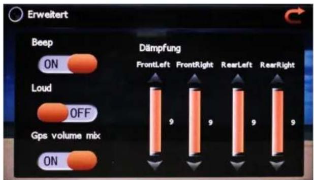 Erweitert Beep ON Dämpfung FrontLeft FrontRight RearLeft RearRight Loud OFF Gps volume mix ON 9 9 9 9
