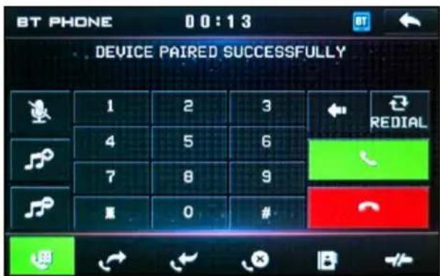 BT PHONE 00:13 DEVICE PAIRED SUCCESSFULLY 1 2 3 4 5 6 7 8 9 0 #