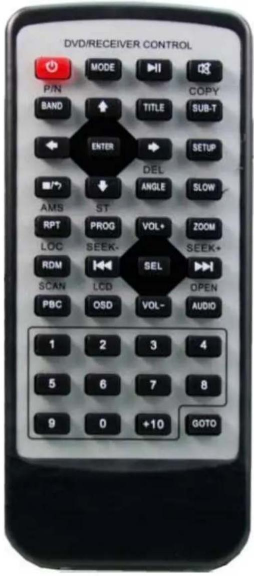 DVD/RECEIVER CONTROL P/N MODE COPY BAND TITLE SUB-T ENTER SETUP ■/? ANGLE SLOW AMS ST RPT PROG VOL+ ZOOM LOC SEEK- SEEL RDM LCD OPEN SCAN PBC OSD VOL- AUDIO 1 2 3 4 5 6 7 8 9 0 +10 GOTO