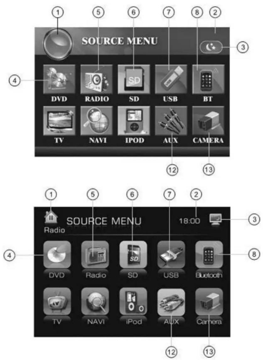 SOURCE MENU DVD RADIO SD USB BT TV NAVI IPOD AUX CAMERA SOURCE MENU Radio 18:00 DVD Radio SD USB Bluetooth TV NAVI iPod AUX Camera 12 13
