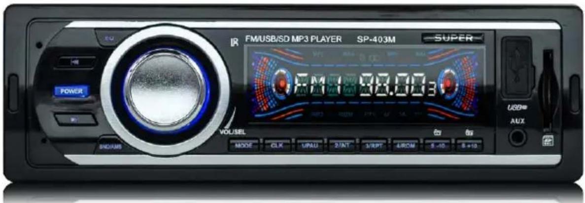FM/USB/SD MP3 PLAYER SP-403M SUPER POWER VOLSEL MODE CLK UPAU 2/INT 3/RPT 4ROM 5 -10 6 +10 USB AUX