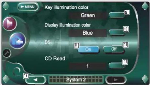 MENU Key illumination color Green Display illumination color Blue DSI On Off CD Read 1 System 2