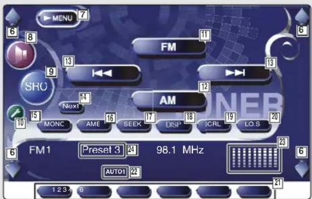 MENU 7 FM SRC Next AM MONC AME SEEK DISP SCRL LO.S FM1 Preset 3 98.1 MHz AUTO1 22 1 2 3 4 6 6 8 11 13 12 15 16 17 18 19 20 23 21