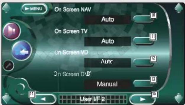 MENU On Screen NAV Auto 10 On Screen TV Auto 11 On Screen VD Auto 12 On Screen DVD Manual 13 14 User I/F 2 15