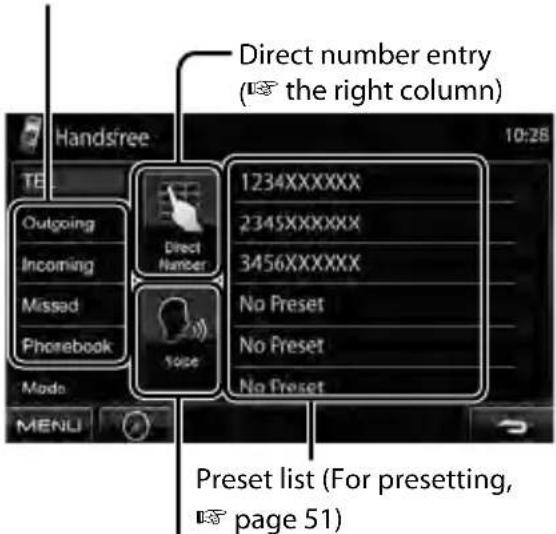 Direct number entry ( the right column ) Handsfree 10:28 TE Outgoing Incoming Missed Phonebook Mode MENU Direct Number 1234XXXXXX 2345XXXXXX 3456XXXXXX No Preset No Preset No Preset Preset list (For presetting, page 51)