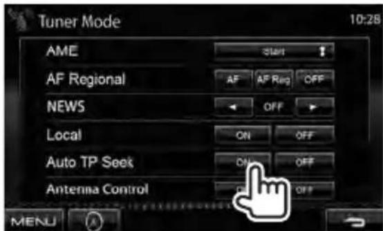 Tuner Mode 10:28 AME Start AF Regional AF AF Reg OFF NEWS OFF Local ON OFF Auto TP Seek ON OFF Antenna Control OFF MENU