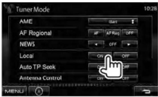 Tuner Mode 10:28 AME START AF Regional AF AF Reg OFF NEWS OFF Local ON OFF Auto TP Seek ON OFF Antenna Control ON OFF MENU