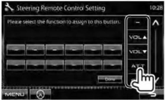 Steering Remote Control Setting 10:28 Please select the function to assign to this button. VOL▲ VOL▼ ATT Done MENU
