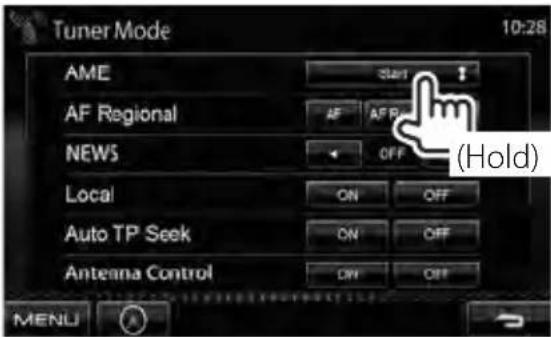 Tuner Mode 10:28 AME AF Regional NEWS Local Auto TP Seek Antenna Control Start AF OFF (Hold) ON OFF ON OFF ON OFF MENU