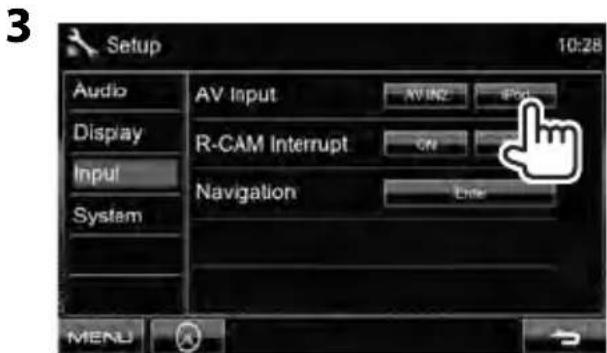 Setup 10:28 Audio Display Input System AV Input AV IN2 Print R-CAM Interrupt ON Navigation Enter MENU