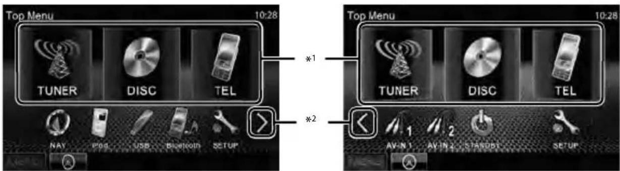 Top Menu 10:28 TUNER DISC TEL NAY P2G USB Bluetooth SETUP *1 *2 Top Menu 10:28 TUNER DISC TEL AV-N 1 AV-IN 2 STANDBY SETUP