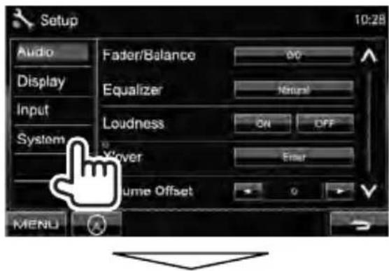 Setup Audio Display Input System Fader/Balance Equalizer Loudness Vover Volume Offset MENU 10:28 OK Timeout ON OFF Enter 0 V