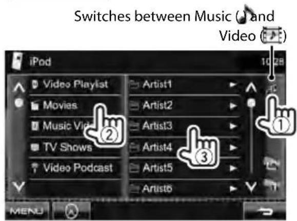 Switches between Music ( ) and Video ( ) iPod 10 28 Video Playlist Artist1 Movies Artist2 Music Vid Artist3 TV Shows Artist4 Video Podcast Artist5 Artist6 ① ② ③ MENU