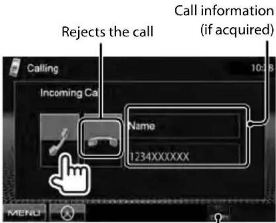 Rejects the call Call information (if acquired) Calling Incoming Call Name 1234XXXXXX MENU