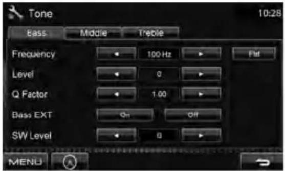 Tone 10:28 Bass Middle Treble Frequency 100 Hz Flat Level 0 Q Factor 1.00 Bass EXT On Off SW Level 0 MENU