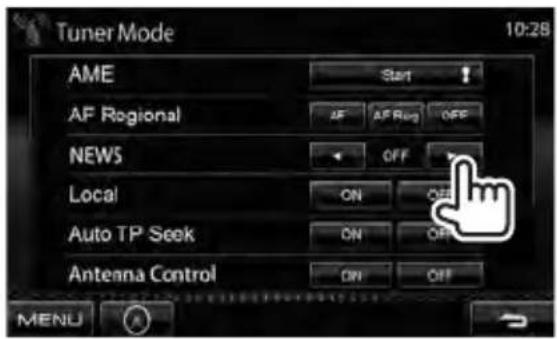 Tuner Mode 10:28 AME Start AF Regional AF AF Reg OFF NEWS OFF Local ON OFF Auto TP Seek ON OFF Antenna Control ON OFF MENU