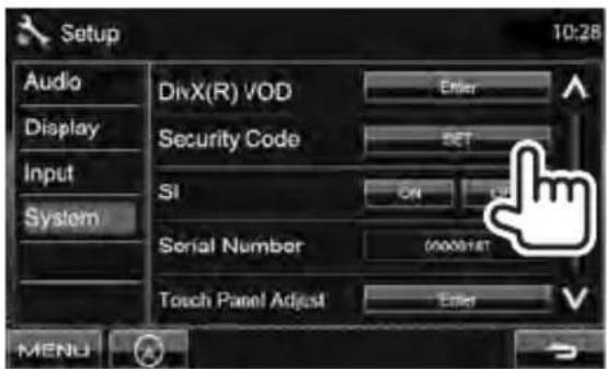 Setup Audio Display Input System DivX(R) VOD Security Code SI Serial Number Touch Panel Adjust Enter Enter 10:28 0000HST MENU