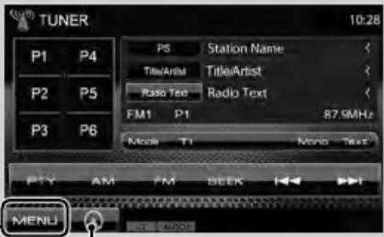 TUNER 10:28 P1 P4 P2 P5 P3 P6 PS Station Name TitleArtist TitleArtist Radio Text Radio Text FM1 P1 87.9MHz Mode T1 Mono Text P1Y AM FM SEEK MENU