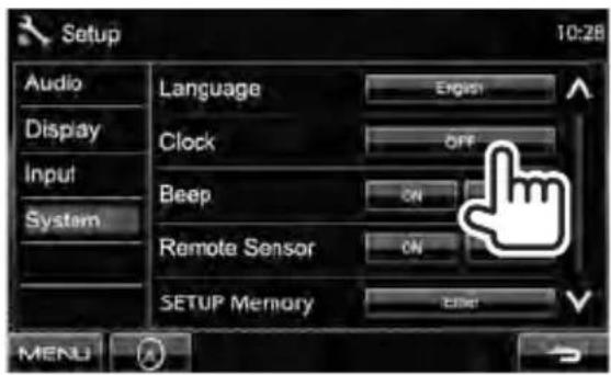 Setup 10:28 Audio Display Input System Language English Clock OFF Beep ON Remote Sensor ON SETUP Memory Edit MENU