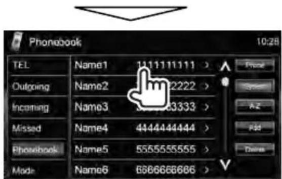 Phonebook 10:28 TEL Name1 1111111111 > Phone Outgoing Name2 2222 > Incoming Name3 3333 > Missed Name4 4444444444 > Phonebook Name5 5555555555 > Mode Name6 6666666666 >