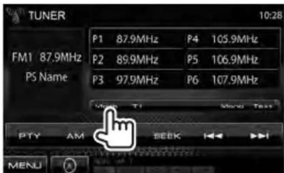 TUNER 10:28 P1 87.9MHz P4 105.9MHz FM1 87.9MHz P2 89.9MHz P5 106.9MHz PS Name P3 97.9MHz P6 107.9MHz Mono T1 Mono Test PTY AM BEEK MENU