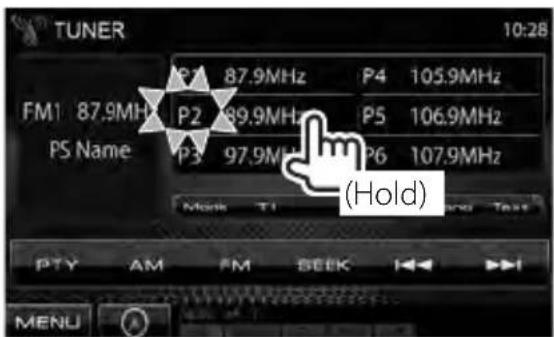 TUNER 10:28 P4 87.9MHz P4 105.9MHz FM1 87.9MHz P2 89.9MHz P5 106.9MHz PS Name P3 97.9MHz P6 107.9MHz (Hold) Monk T1 and Test PTY AM FM BEEK MENU
