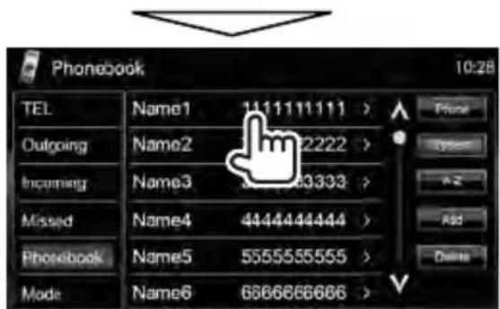 Phonebook 10:28 TEL Name1 1111111111 > Outgoing Name2 2222 > Incoming Name3 33333 > Missed Name4 4444444444 > Phonebook Name5 5555555555 > Mode Name6 6666666666 >