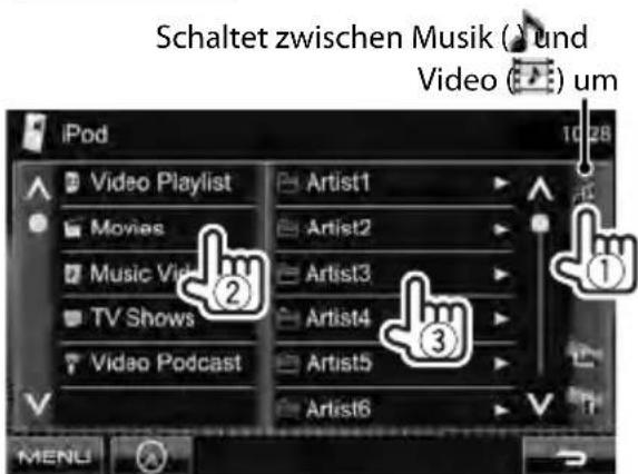 Schaltet zwischen Musik ( ) und Video ( ) um iPod Video Playlist Movies Music Vid TV Shows Video Podcast Artist1 Artist2 Artist3 Artist4 Artist5 Artist6 MENU