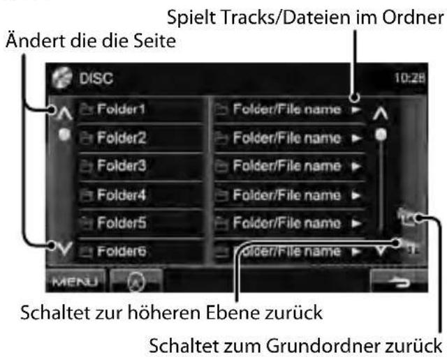 Spielt Tracks/Dateien im Ordner Ändert die die Seite DISC 10:28 Folder1 Folder2 Folder3 Folder4 Folder5 Folder6 Folder/File name Folder/File name Folder/File name Folder/File name Folder/File name Folder/File name Folder/File name MENJ Schaltet zur höheren Ebene zurück Schaltet zum Grundordner zurück