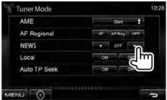 Tuner Mode 10:28 AME Start AF Regional AF AF Ring OFF NEWS OFF Local ON OFF Auto TP Seek ON OFF MENU