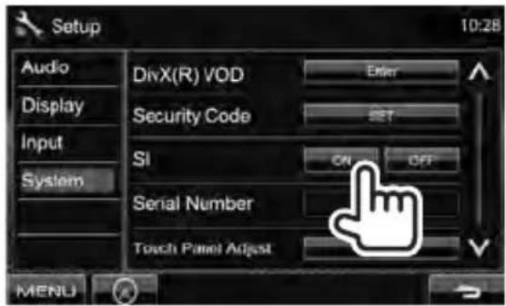 Setup Audio Display Input System DivX(R) VOD Security Code SI Serial Number Touch Panel Adjust Enter SET ON OFF MENU