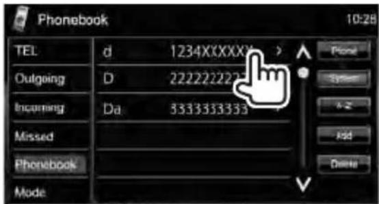 Phonebook 10:28 TEL d 1234XXXXX Outgoing D 222222222 Incoming Da 3333333333 Missed Phonebook Mode