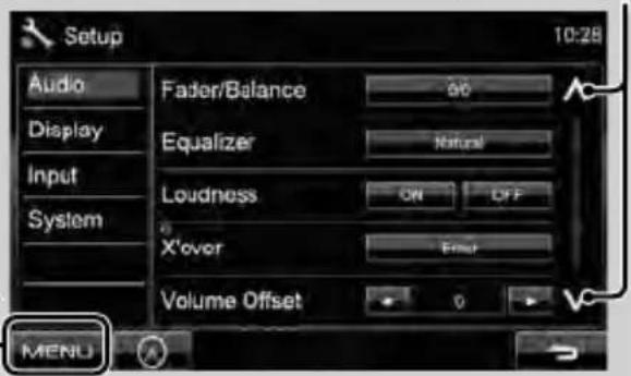Setup Audio Display Input System Fader/Balance Equalizer Loudness X'over Volume Offset 90 Natural ON OFF OK MENU