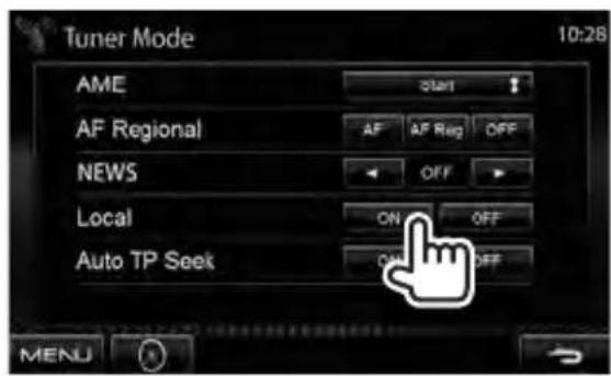Tuner Mode 10:28 AME Start AF Regional AF AF Reg OFF NEWS OFF Local ON OFF Auto TP Seek ON OFF MENU