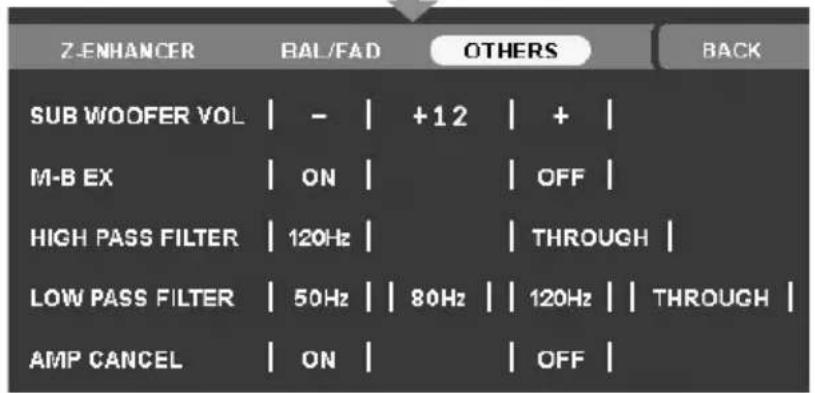 Z-ENHANCER BAL/FAD OTHERS BACK SUB WOOFER VOL | - | +12 | + | M-B EX | ON | OFF | HIGH PASS FILTER | 120Hz | THROUGH | LOW PASS FILTER | 50Hz | 80Hz | 120Hz | THROUGH | AMP CANCEL | ON | OFF |