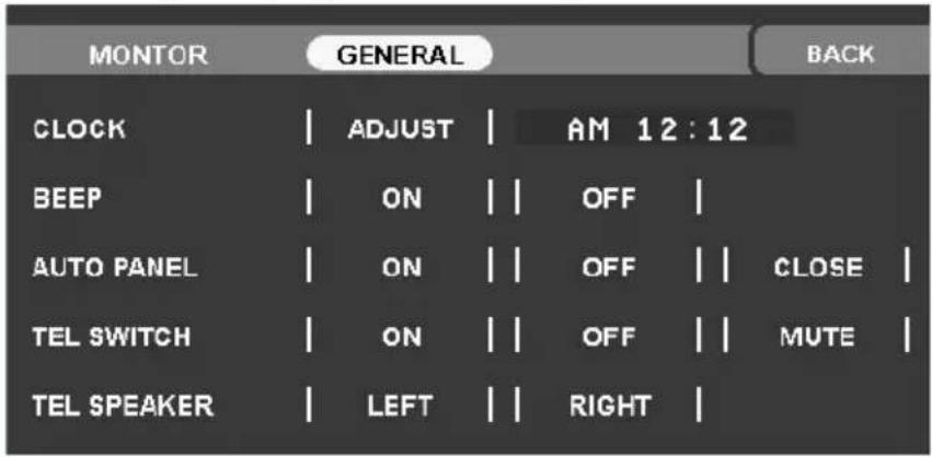 MONTOR GENERAL BACK CLOCK | ADJUST | AM 12:12 BEEP | ON | OFF | AUTO PANEL | ON | OFF | CLOSE | TEL SWITCH | ON | OFF | MUTE | TEL SPEAKER | LEFT | RIGHT |