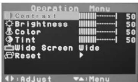 Operation Menu Contrast 50 Brightness 50 Color 50 Tint 50 Wide Screen Wide Reset