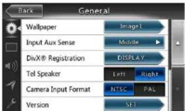 Back General Wallpaper Image1 Input Aux Sense Middle DivX® Registration DISPLAY Tel Speaker Left Right Camera Input Format NTSC PAL Version SET