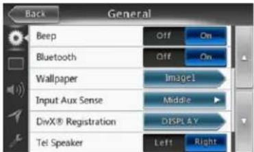 Back General Beep Off On Bluetooth Off On Wallpaper Imagel Input Aux Sense Middle DivX® Registration DISPLAY Tel Speaker Left Right